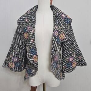 Meghan Womens Black Tweed Jacket Med Floral Embroidered Fairy Cottage Whimsigoth